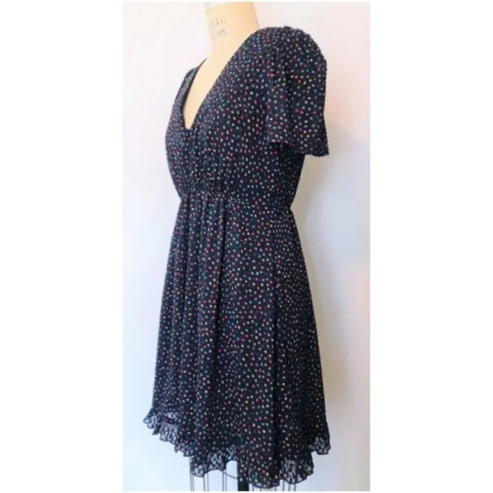 MADEWELL SUGAR DOT BLUE RED YELLOW V-NECK FLUTTER SLEEVE MINI DRESS 0 NWT